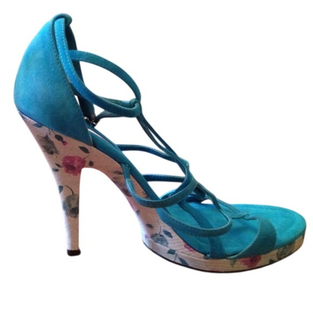 Betsey Johnson Strappy Sandals Women Teal Excellent Floral Platform Stiletto - Picture 3 of 4